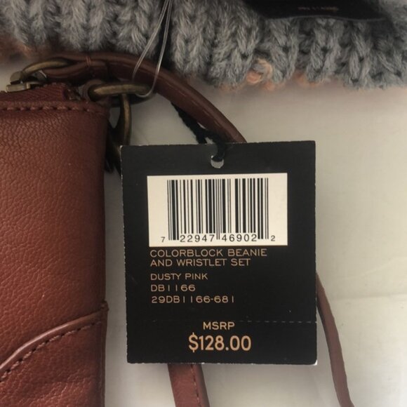 Frye Color Block Beanie HAT Sz.66-68 and Leather Wristlet Set Dust Pink Brown - Picture 8 of 12